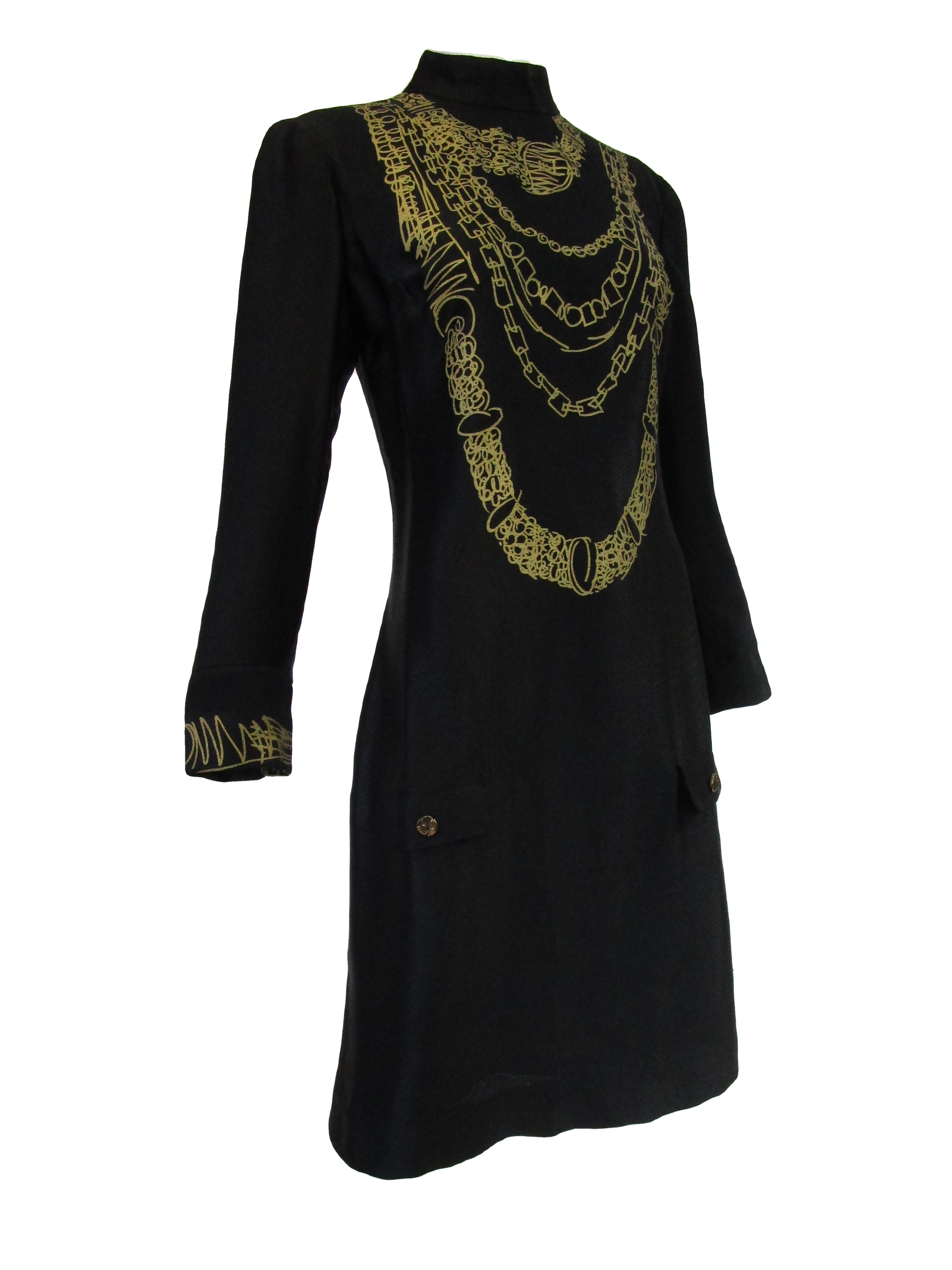 1990s Zandra Rhodes Black Silk Evening Dress with Gold Chain Print 1990s Zandra Rhodes Black Silk Evening Dress with Gold Chain Print