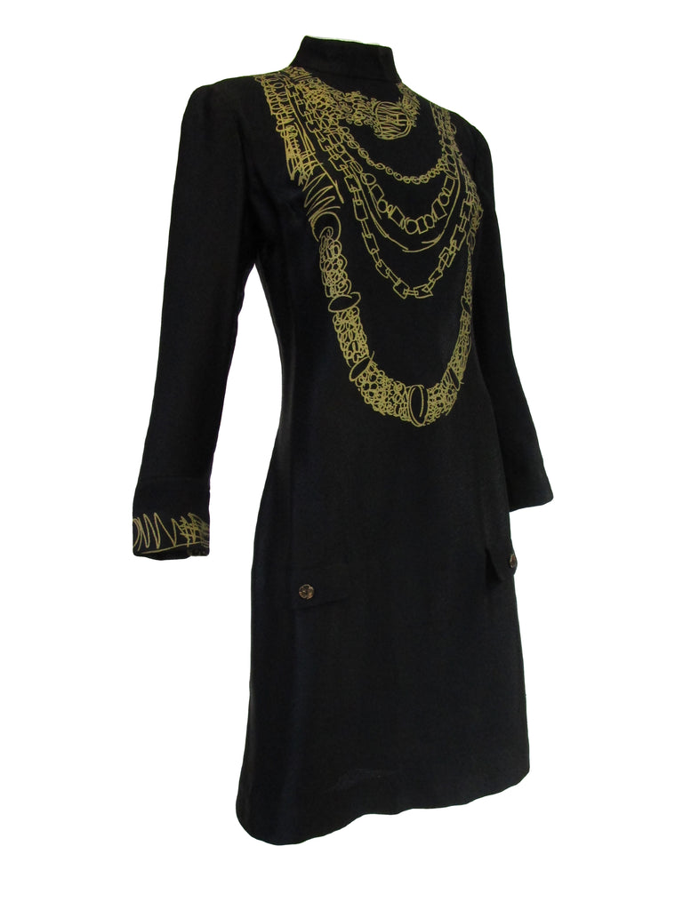 1990s Zandra Rhodes Black Silk Evening Dress With Gold Chain Print