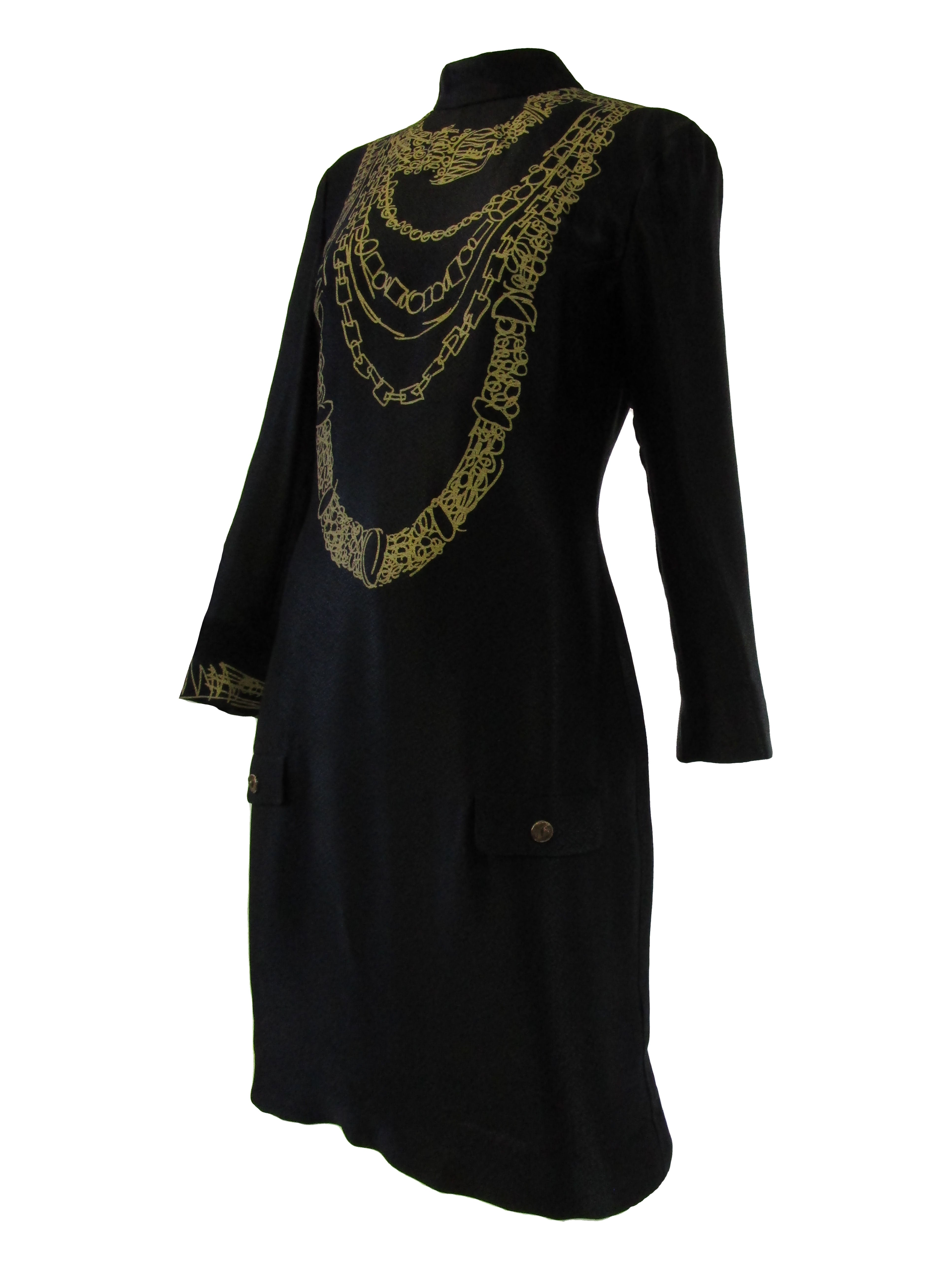 1990s Zandra Rhodes Black Silk Evening Dress With Gold Chain Print 1990s Zandra Rhodes Black Silk Evening Dress With Gold Chain Print