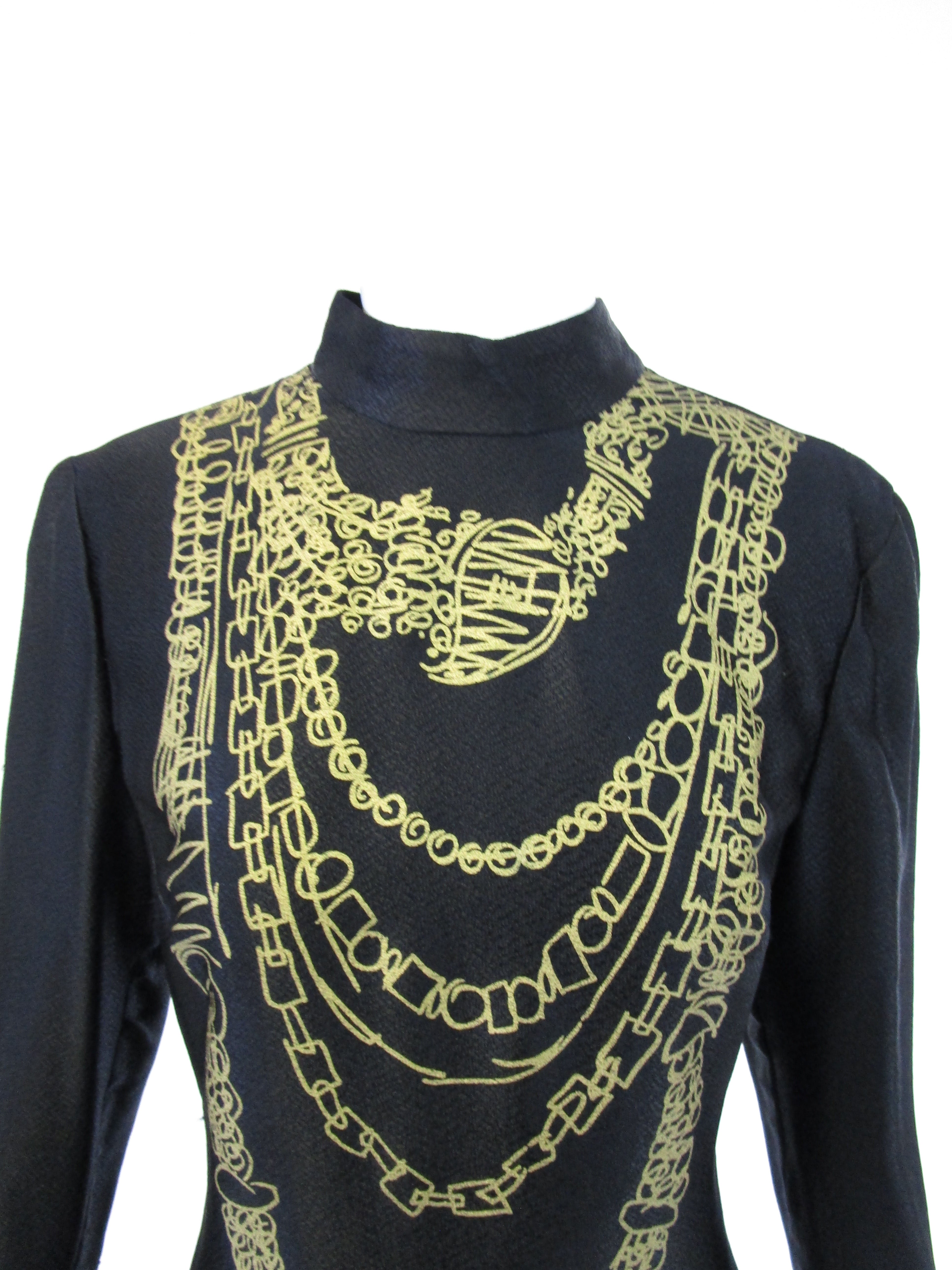 1990s Zandra Rhodes Black Silk Evening Dress with Gold Chain Print 1990s Zandra Rhodes Black Silk Evening Dress with Gold Chain Print
