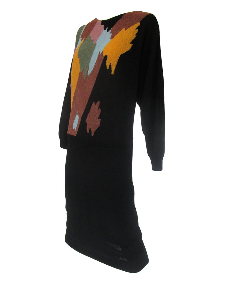 1970s Adolfo Black with Abstract Earth Tones Knit Midi Sweater Dress