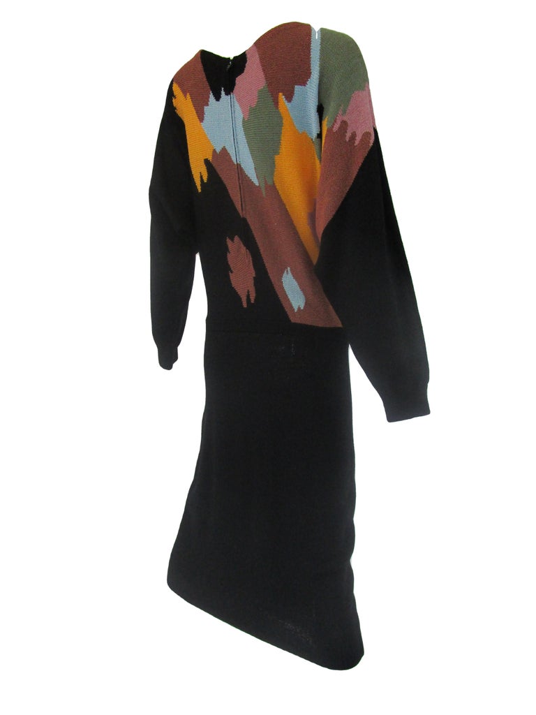 1970s Adolfo Black with Abstract Earth Tones Knit Midi Sweater Dress