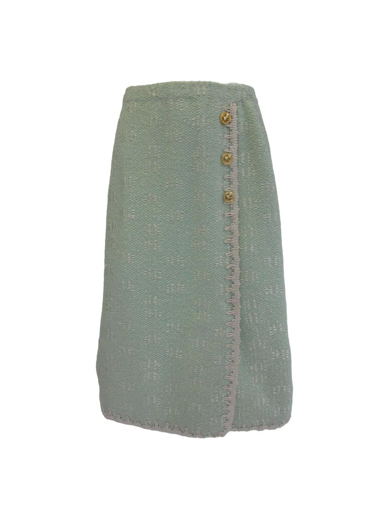 1970s Adolfo Mint Green Wool Knit Skirt and Jacket