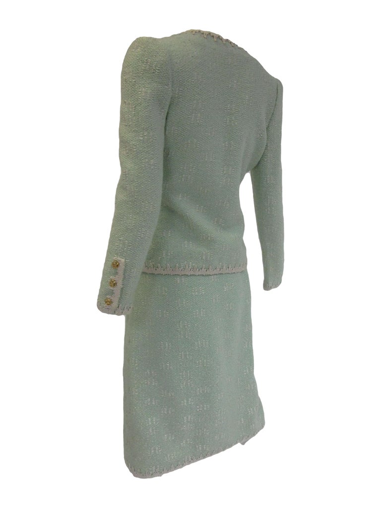 1970s Adolfo Mint Green Wool Knit Skirt and Jacket