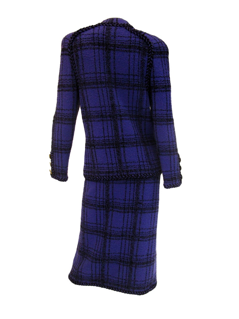 1970s Adolfo Purple and Black Wool Knit Plaid Skirt Suit