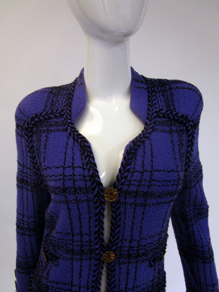 1970s Adolfo Purple and Black Wool Knit Plaid Skirt Suit