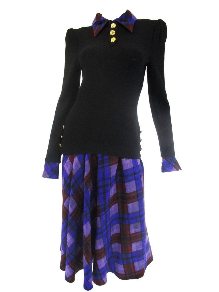 1970s Adolfo Black and Purple Knit and Silk Ensemble