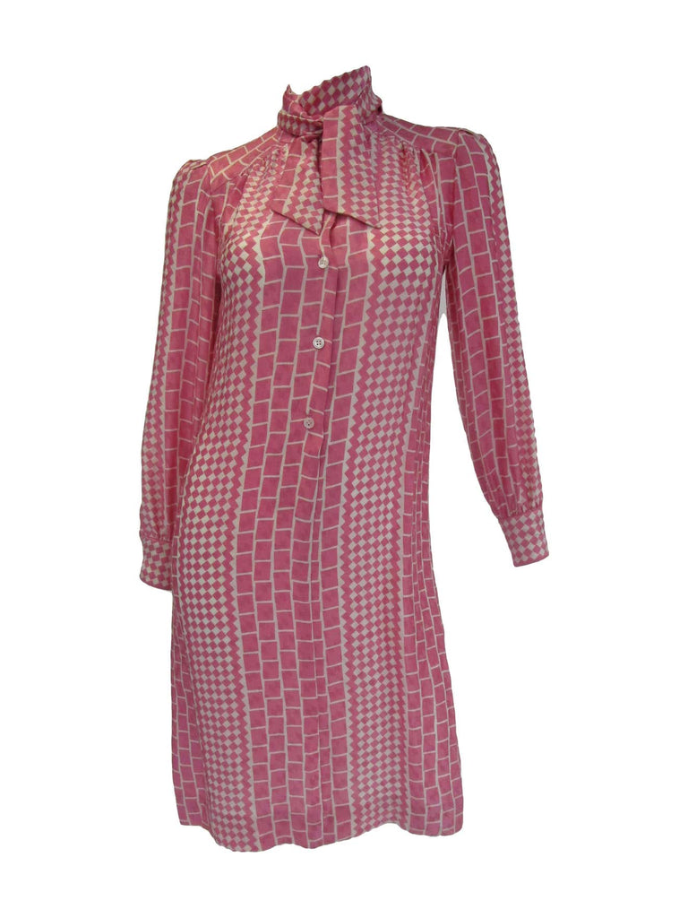 1970s Adolfo Pink and Cream Silk Spring Shift Dress
