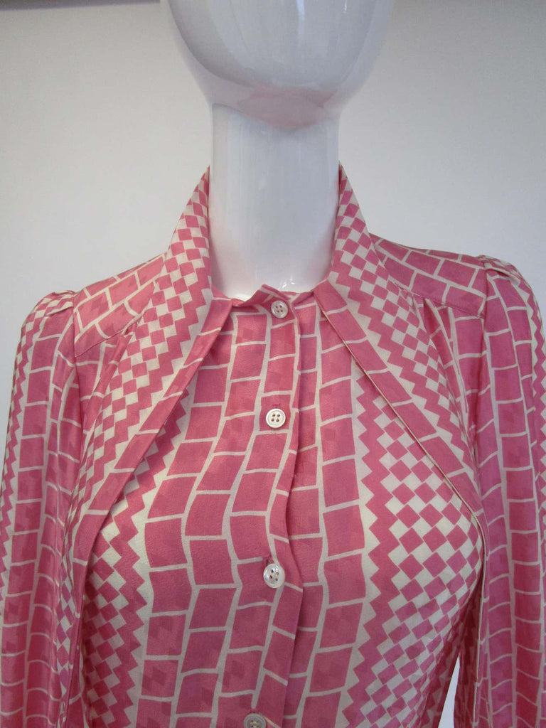 1970s Adolfo Pink and Cream Silk Spring Shift Dress