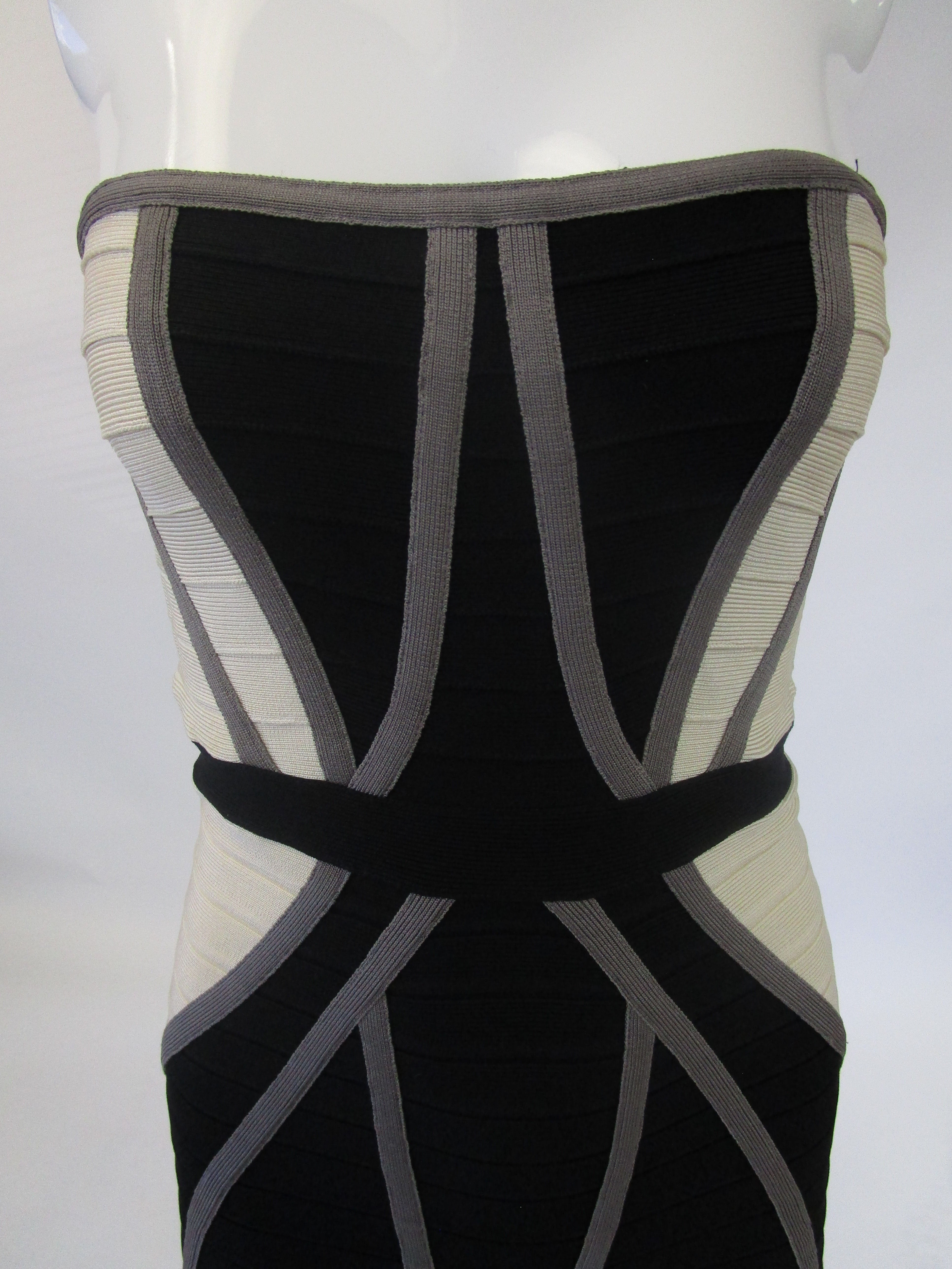 Contemporary Herve Leger Bone and Black Bandage Mini Dress Contemporary Herve Leger Bone and Black Bandage Mini Dress