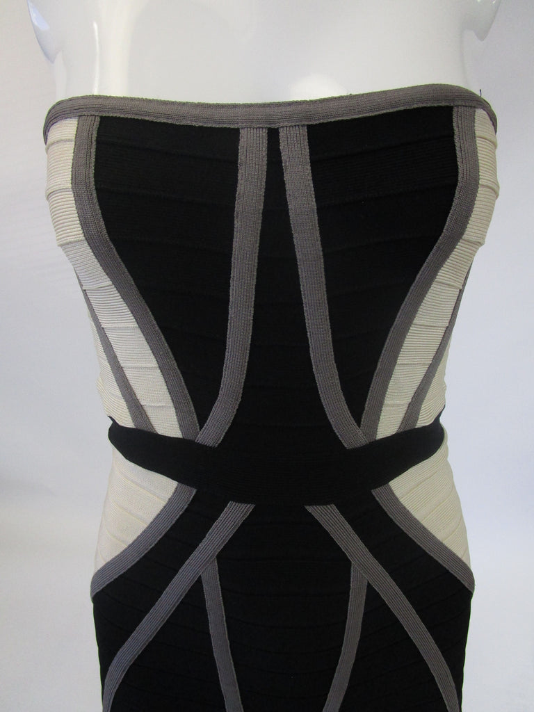Contemporary Herve Leger Bone and Black Bandage Mini Dress