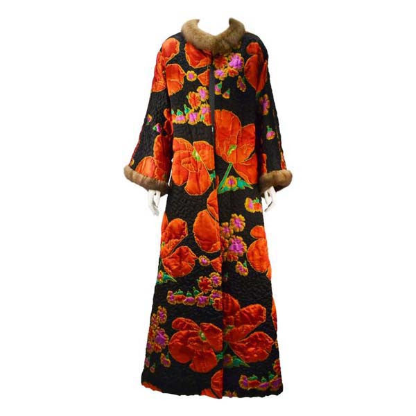 Maximilian Quilted Floral Silk Coat with Mink Trim
