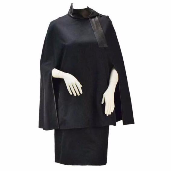 1990s Givenchy by Galliano Navy and Leather Cape Skirt Suit