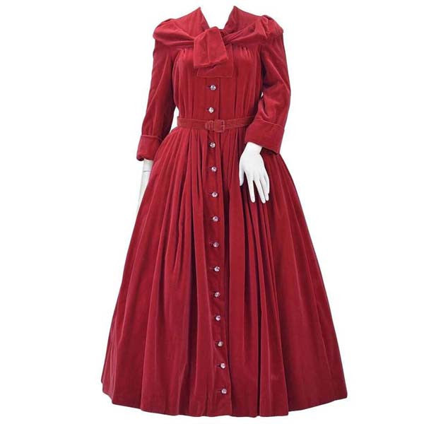 1950s YSL for Christian Dior Red Velvet Button Front Dress