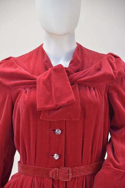 1950s YSL for Christian Dior Red Velvet Button Front Dress