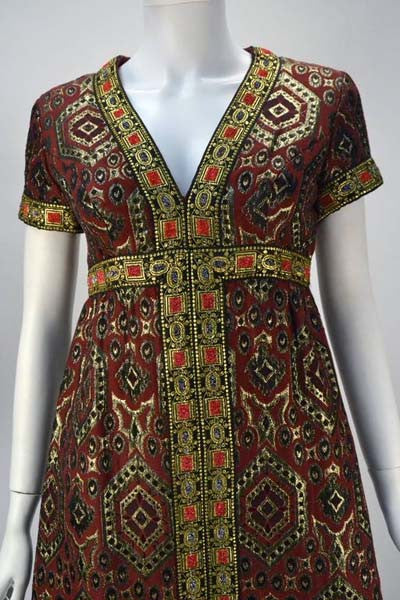 1970s Deep Red with Gold Metallic Patterned Dress