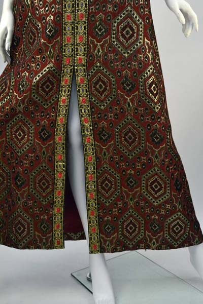 1970s Deep Red with Gold Metallic Patterned Dress