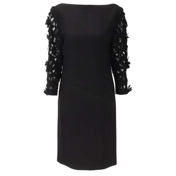 1970s Renato Balestra Black Dress with Floral Cutout Sleeves
