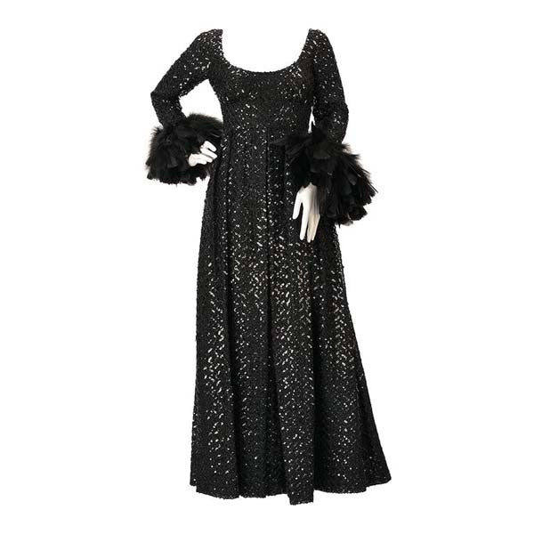 1960s Lillie Rubin Black Sequin Evening Gown with Feather Cuffs - MRS Couture 1960s Lillie Rubin Black Sequin Evening Gown with Feather Cuffs - MRS Couture
