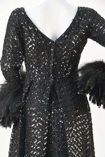 1960s Lillie Rubin Black Sequin Evening Gown with Feather Cuffs