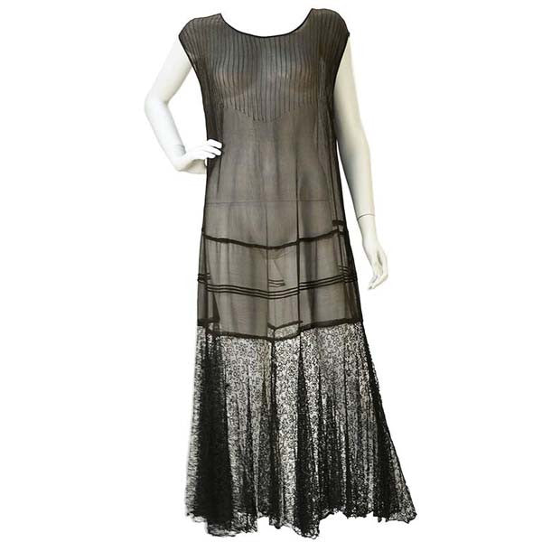 1920s Chiffon Drop Waist "Flapper" Dress with Black Lace
