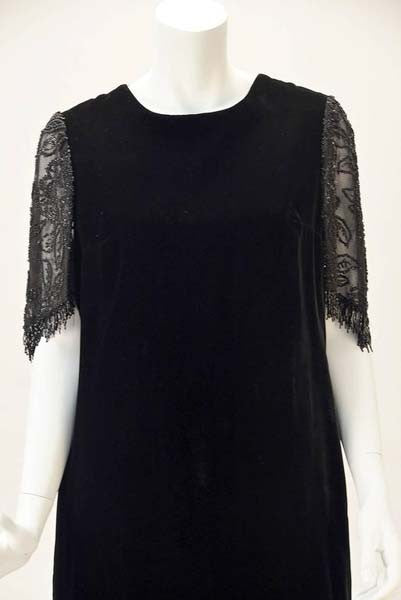 1980s Custom Beaded Black Velvet Flapper Dress
