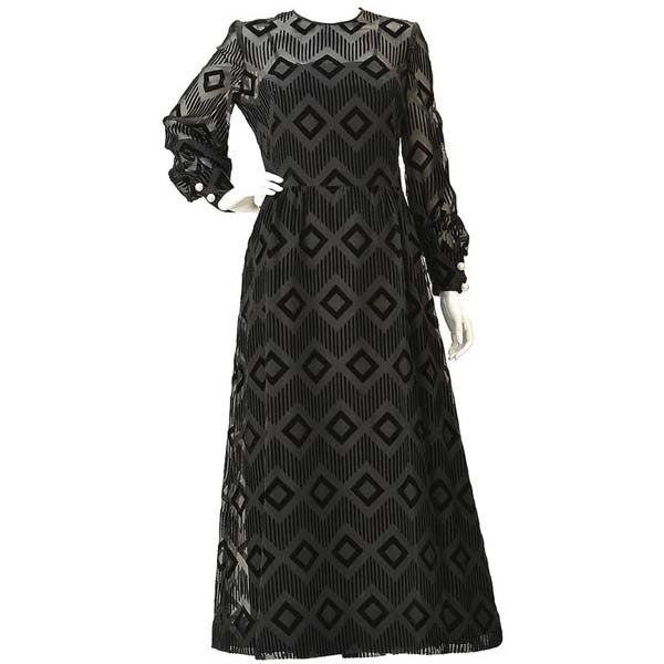 1970s Pierre Balmain Black Silk Burnout Dress
