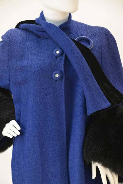1940s Blue Boucle Wool Coat with Black Lamb Skin Cuffs