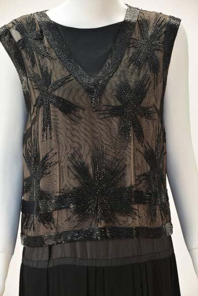 Striking 1960s Malcolm Starr Hand Sewn Beaded Black Crepe Evening Dress