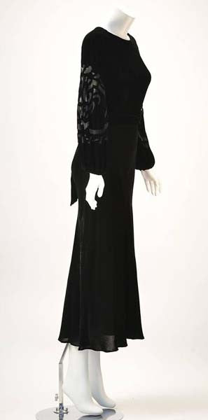 1960s Larry Aldrich Black Velvet Dress with Silk Burnout Sleeves