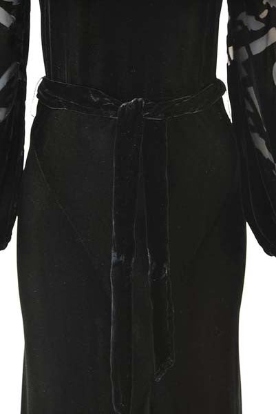 1960s Larry Aldrich Black Velvet Dress with Silk Burnout Sleeves