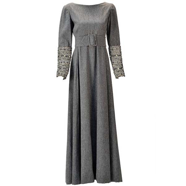 1960s Malcolm Starr Grey Formal Maxi Dress with Embellished Sleeves 1960s Malcolm Starr Grey Formal Maxi Dress with Embellished Sleeves