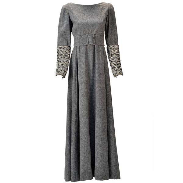 1960s Malcolm Starr Grey Formal Maxi Dress with Embellished Sleeves