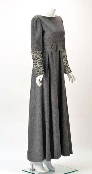 1960s Malcolm Starr Grey Formal Maxi Dress with Embellished Sleeves