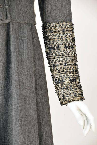 1960s Malcolm Starr Grey Formal Maxi Dress with Embellished Sleeves 1960s Malcolm Starr Grey Formal Maxi Dress with Embellished Sleeves