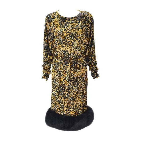 1980s Bill Blass Silk Burnout Dress in Leopard Print with Rhinestones and Mink
