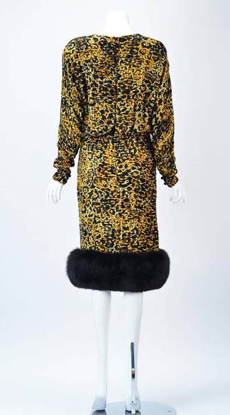 1980s Bill Blass Silk Burnout Dress in Leopard Print with Rhinestones and Mink