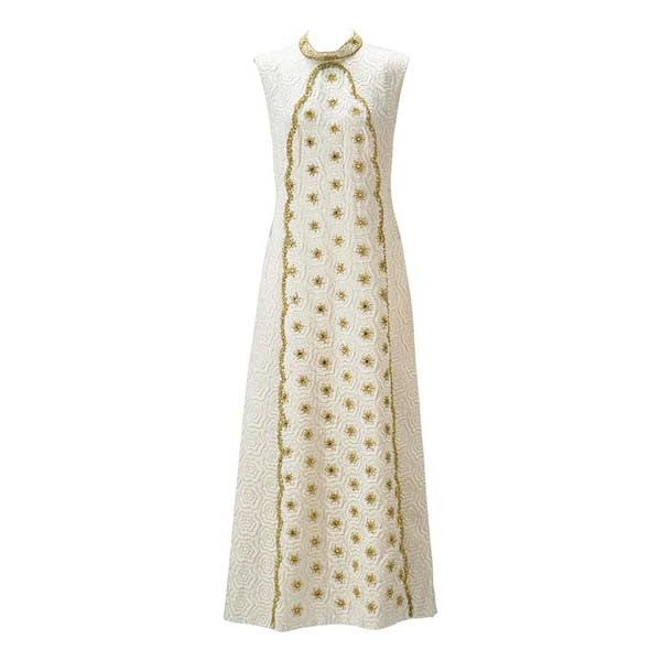 1950s Bernetti Jaquard Maxi Dress with Gold Threadwork and Beading 1950s Bernetti Jaquard Maxi Dress with Gold Threadwork and Beading