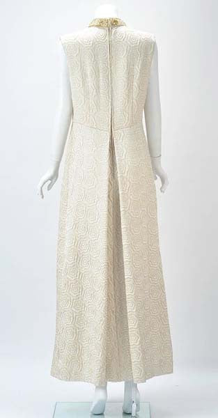 1950s Bernetti Jaquard Maxi Dress with Gold Threadwork and Beading