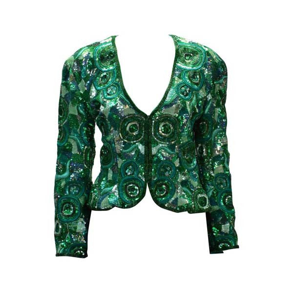 1980s Naeem Khan Green Pure Silk Sequined Jacket