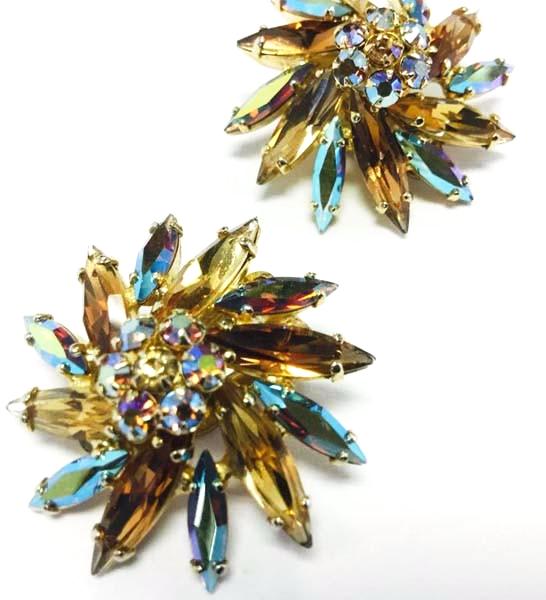 Signed 1950s Sherman Aurora Borealis Coated Brooch and Earrings