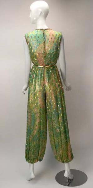 1960's Mollie Parnis Indian Inspired Metallic Green Harem Jumpsuit