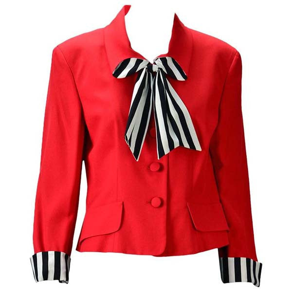 Moschino "Cheap and Chic" Red Blazer with Black/White Striped Bow