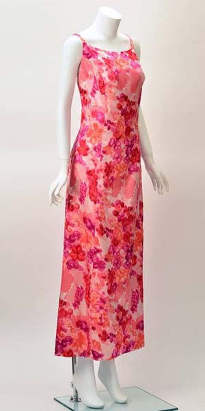 1964 Helga Salmon Pink Satin Evening Gown with Velvet Flowers