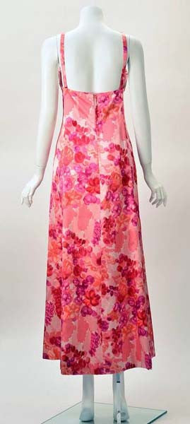1964 Helga Salmon Pink Satin Evening Gown with Velvet Flowers