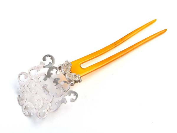 Turn of the Century Sterling Silver Comb with Amber Celluloid Prongs