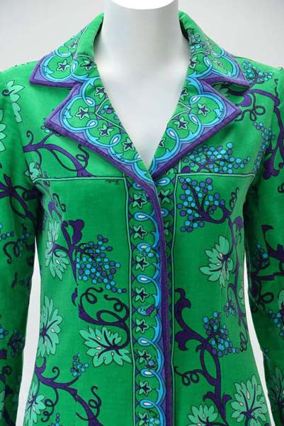 1960s Emilio Pucci Green, Blue and Purple Grape Vine Print Velvet Dress