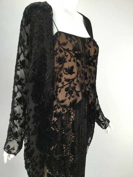 Early 1980s Holly Harp Black Silk Burnout Camisole and Skirt Ensemble