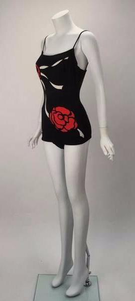 1960s Mod Herma Rose Black Bathing Suit
