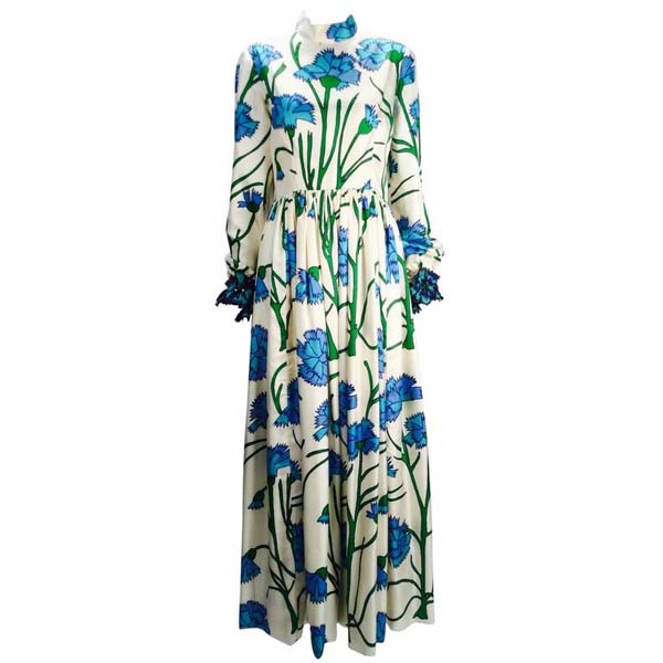 1960s George Halley New York Ivory and Blue Floral Silk Dress